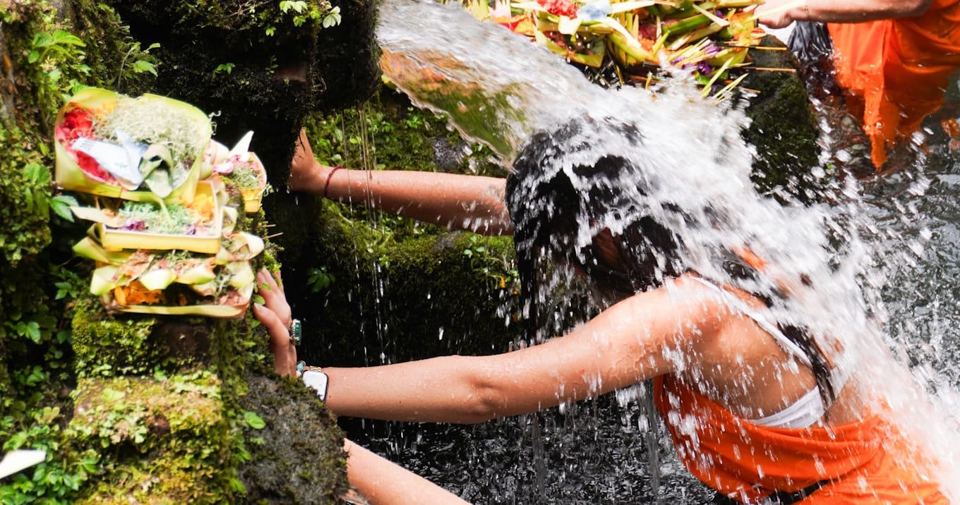 Holy spring temple in Ubud Bali used for traditional Melukat healing ceremony