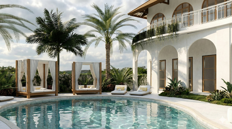 Render of Pool and Cabana and yoga shala and spa at Goddess Retreats New Bali Villa for Women Only Retreats